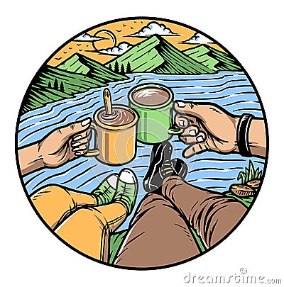 People enjoying coffee on the hill illustration Vector Illustration