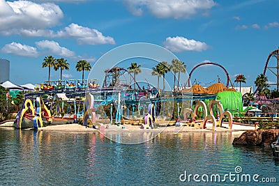 People enjoying The High Seuss Trolley Train Ride in the Sky at Universals Islands of Adventure 1 Editorial Stock Photo