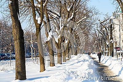 People Enjoying Sunny Winter Day Following A Strong Snow Storm In Downtown Bucharest City Editorial Stock Photo