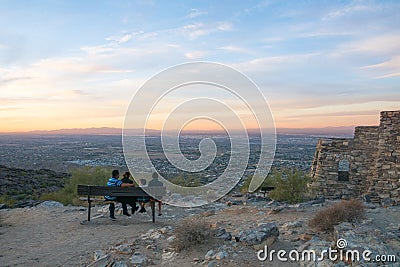 People enjoying the view over Arizona phoenix downtown from the mountains at sunset, usa, panorama Editorial Stock Photo