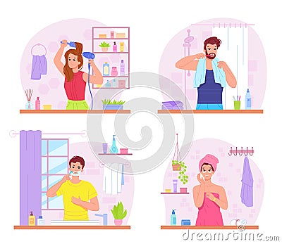 People everyday hygiene. Morning skincare lifestyle, oral dental care teeth brushing, man shaving razor woman with towel Vector Illustration