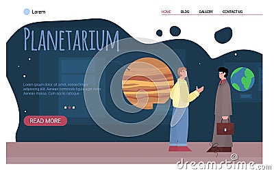 People on excursion at planetarium for look space objects or solar system planets Vector Illustration