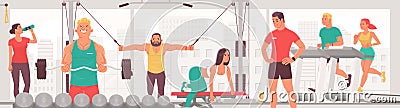 People exercising in the gym. Men and women perform strength and cardio exercises, run on a treadmill Cartoon Illustration