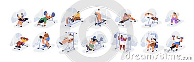 People exercising in gym set. Characters training on treadmills, cardio and weight workout machines, sport equipment Vector Illustration