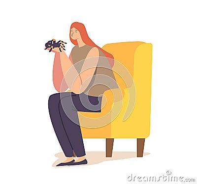 People and Exotic Pets Concept. Female Character Holding Tarantula Spider in Hands Sitting at Home on Armchair Vector Illustration