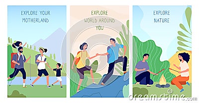 People exploring. Domestic tourism, travel in motherland cards. Man woman hiking trekking and camping background Vector Illustration