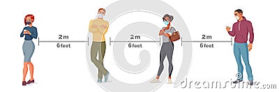 People in face masks standing in line. Social distance vector illustration. Vector Illustration