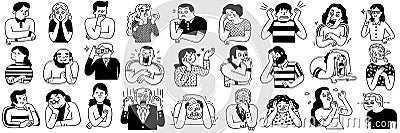 People facial emotion expression outline hand drawn set Vector Illustration