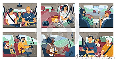 People, families and friends inside car driving, flat vector illustration. Vector Illustration