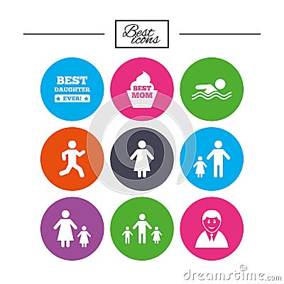 People, family icons. Swimming, person signs. Vector Illustration