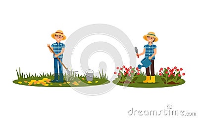 People Farmer Characters Working in the Garden Vector Illustration Set Vector Illustration