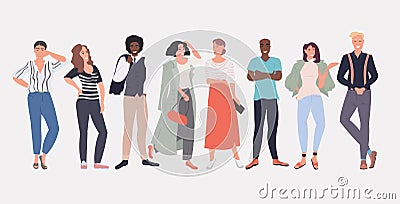 People fashion bloggers standing together smiling mix race men women posing female male cartoon characters full length Vector Illustration