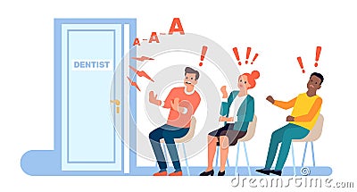 People in fear of dentists. Frightened by sounds of dental office. Panicked patients waiting medical appointment in Vector Illustration