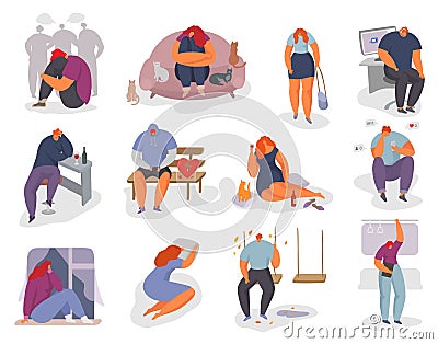 People feel lonely vector illustration set, woman man character sitting alone and feeling stress emotion, depression Vector Illustration