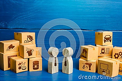 People figures conducting business negotiations and boxes. Trade goods and services, business process. Barter. Economy. Production Stock Photo