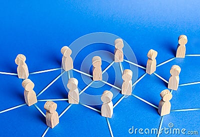 People figurines connected by blue lines. Cooperation and interaction between people and employees. Dissemination of information Stock Photo