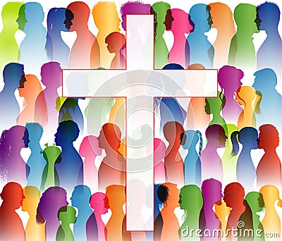 People finding Christianity. Crowd of believing people. People at the cross. Believers who pray. Group of people. Christian Church Stock Photo