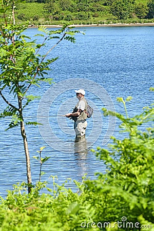 Fernworthy Reservoir Dartmoor England. People fishing Editorial Stock Photo