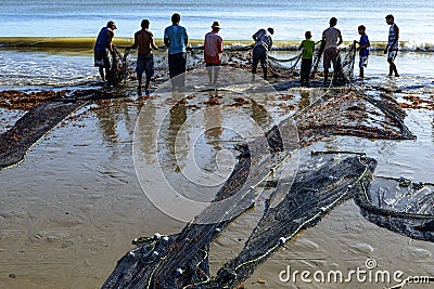 People fishing on the beach, Pititinga (Brazil) Editorial Stock Photo