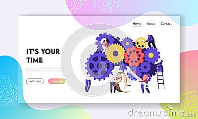 People Fixing Broken Clock and Watch Website Landing Page, Tiny Men and Women with Tools Repair Huge Gears and Cogwheels Vector Illustration