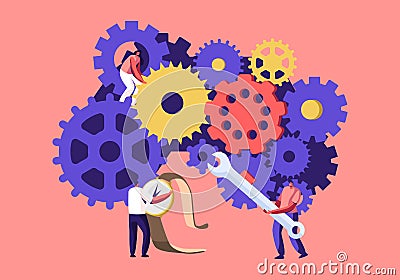 People Fixing Broken Clocks and Watch. Tiny Men and Women Characters on Ladders with Repair Tools and Instruments at Huge Gears Vector Illustration