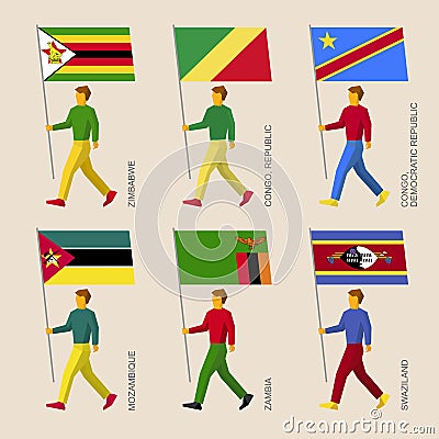 People with flags Zimbabwe, Zambia, Mozambique, Swaziland, Congo Republic and Congo Democratic Republic Vector Illustration