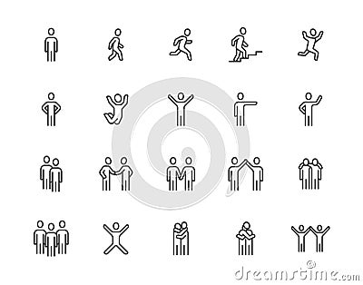 People flat line icons set. Person walking, running, jumping, climbing stairs, happy man, company leader, friends hugs Vector Illustration