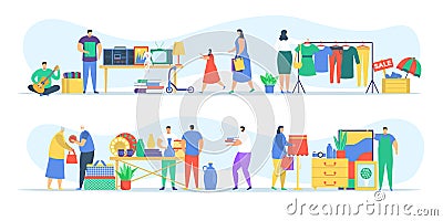 People at flea market, man and woman selling old secondhand stuffs at market fair shops flat vector illustration. Vector Illustration