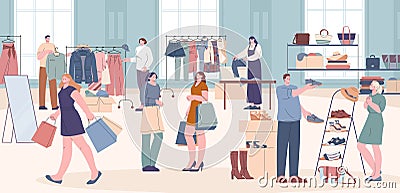 People on flea market or second hand shop. Fashion man woman in boutique, designer clothes bazaar. Garage sale, vintage Vector Illustration