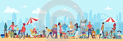 People in flea market vector illustration, cartoon flat man woman buyer characters shopping second hand clothes on Vector Illustration