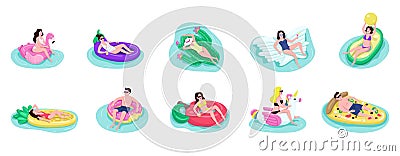 People float on air mattresses flat color vector faceless characters set Vector Illustration