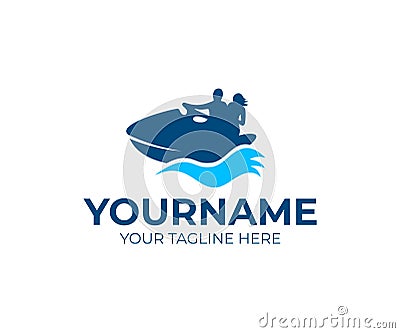 People are floating on jet ski or water scooter, logo template. Vacation, travel and sea, vector design Vector Illustration