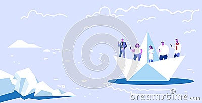 People floating on paper boat men women using gadgets traveling together digital addiction web surfing concept Vector Illustration