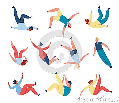 People floating, soaring in air or sky, person flying in space. Men and women characters sleep and fly in dreams or Vector Illustration