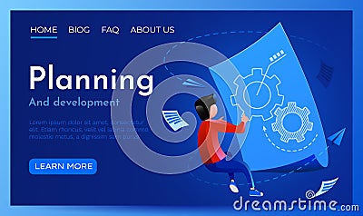 People fly around blueprint scheme. Planing, engineering and development concept. Landing page website template. Vector Illustration