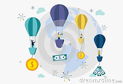 People fly in balloons take off with money, the phrase money down the drain. Colorful illustration Cartoon Illustration