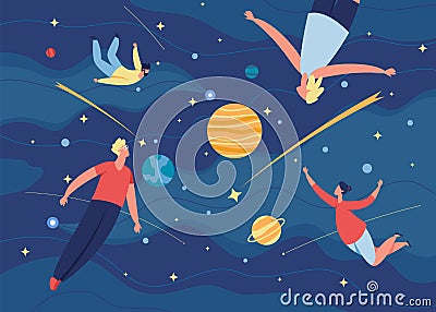 People flying in space, characters floating in zero gravity. Men and women fly in dreams, imagination, creative Vector Illustration