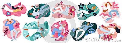 People flying space. Free floating persons. Men and women among abstract shapes in weightlessness. Inspiration and Vector Illustration