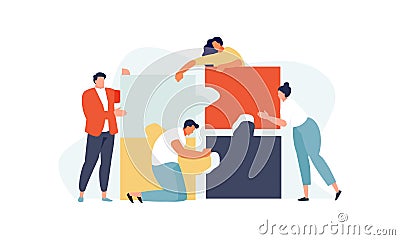 People folding puzzles teamwork concept Vector Illustration