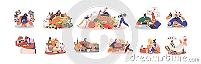 People with food concepts, eat, order and take photo. Culinary critics and foodies at tastings, barista with coffee and Vector Illustration