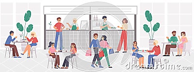 People on food court, teenagers in restaurant. Coffee buffet, cute person eating in cafe in mall. Cafeteria snugly Vector Illustration