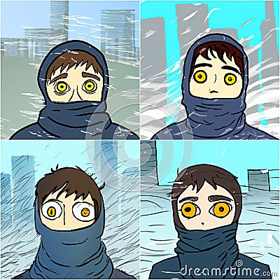 People are freezing in the city in the cold winter wind Stock Photo
