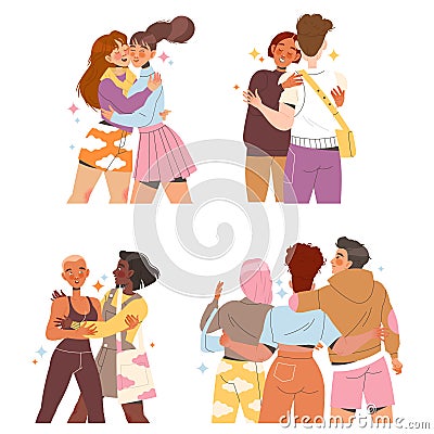 People Friend Character Hugging Meeting Each Other Feeling Joy Vector Set Vector Illustration