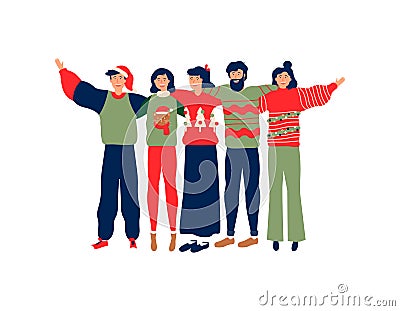 People friend group hug in christmas season Vector Illustration