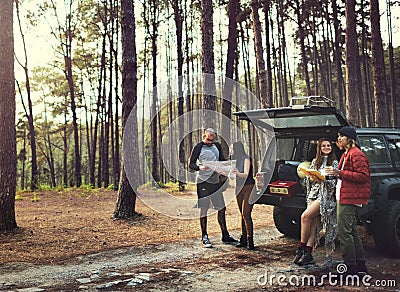People Friendship Hangout Traveling Destination Camping Stock Photo