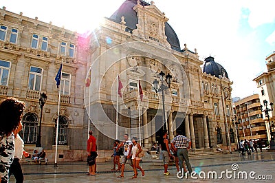 People in front of the Baroque town-hall in Cartagena Spain Editorial Stock Photo