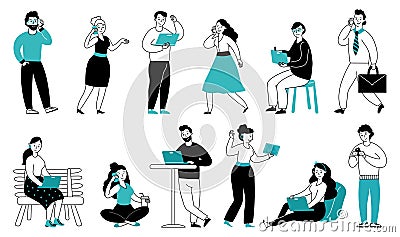 People with gadgets. Human use phone, digital addiction. Teen girl in internet, young person talk mobile. Life in social Vector Illustration