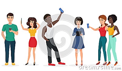 People with gadgets making selfie. Guys and girls, communicating by phone and tablets. Cartoon vector illustration. Vector Illustration