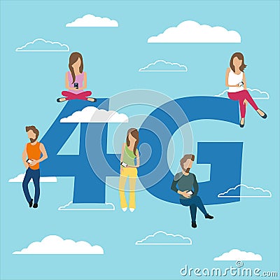 People with gadgets sitting on the big 4G symbol. Addicted to networks, people of young men and women using high speed wireless Cartoon Illustration