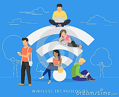 People with gadgets using wi-fi outdoors Vector Illustration